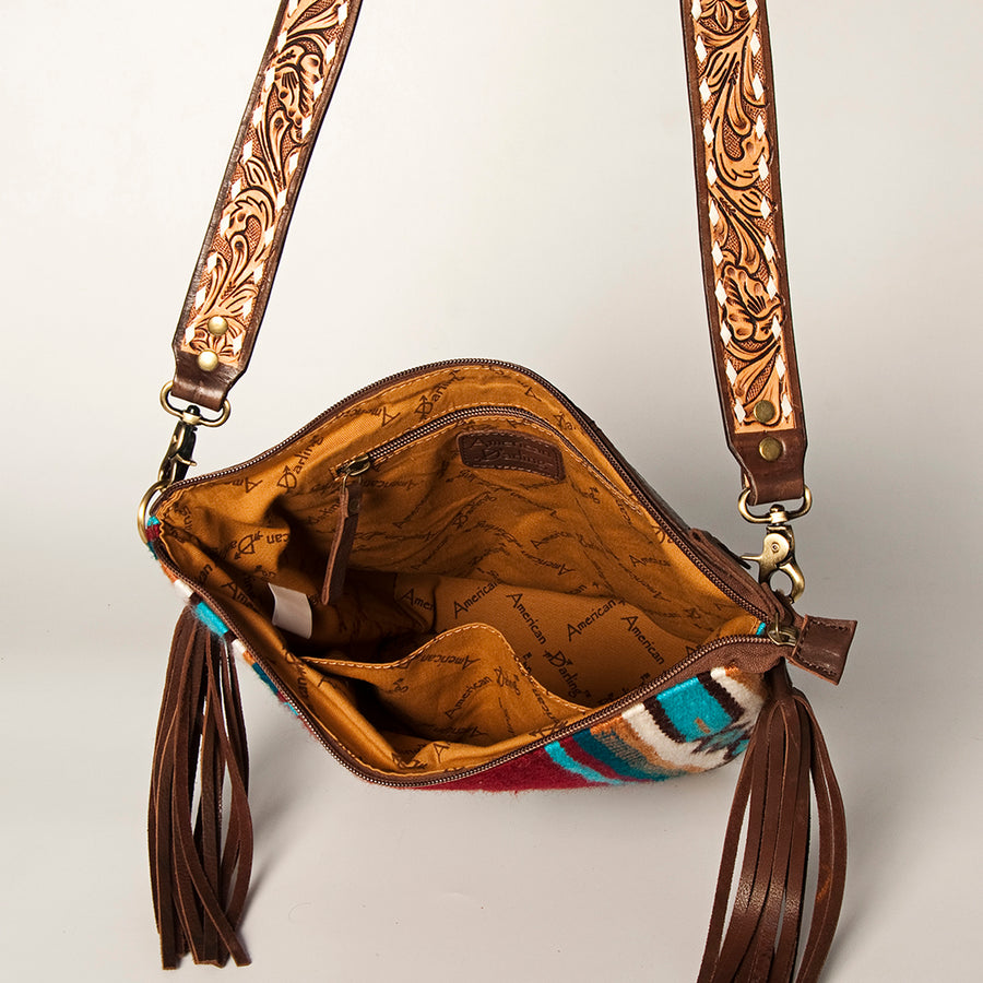 American Darling Fringed Saddle Blanket Large Cross body Bag Eco-Friendly Genuine Leather Floral Tooled YKK Zipper