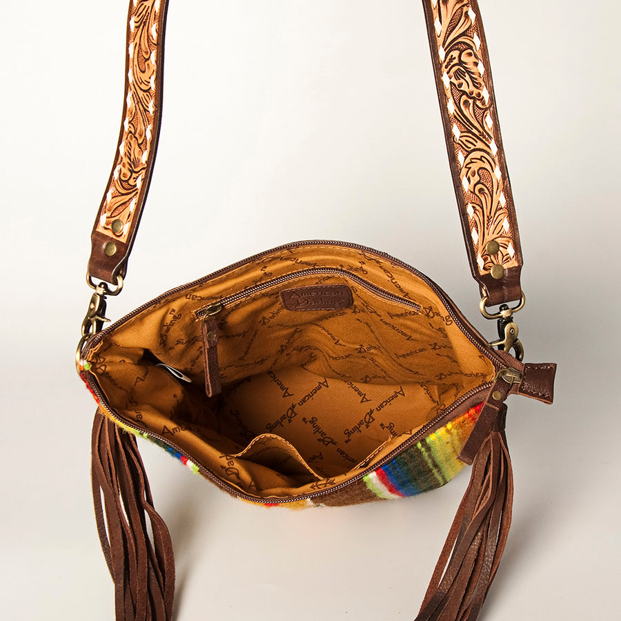 American Darling Fringed Saddle Blanket Large Cross body Bag Eco-Friendly Genuine Leather Floral Tooled YKK Zipper