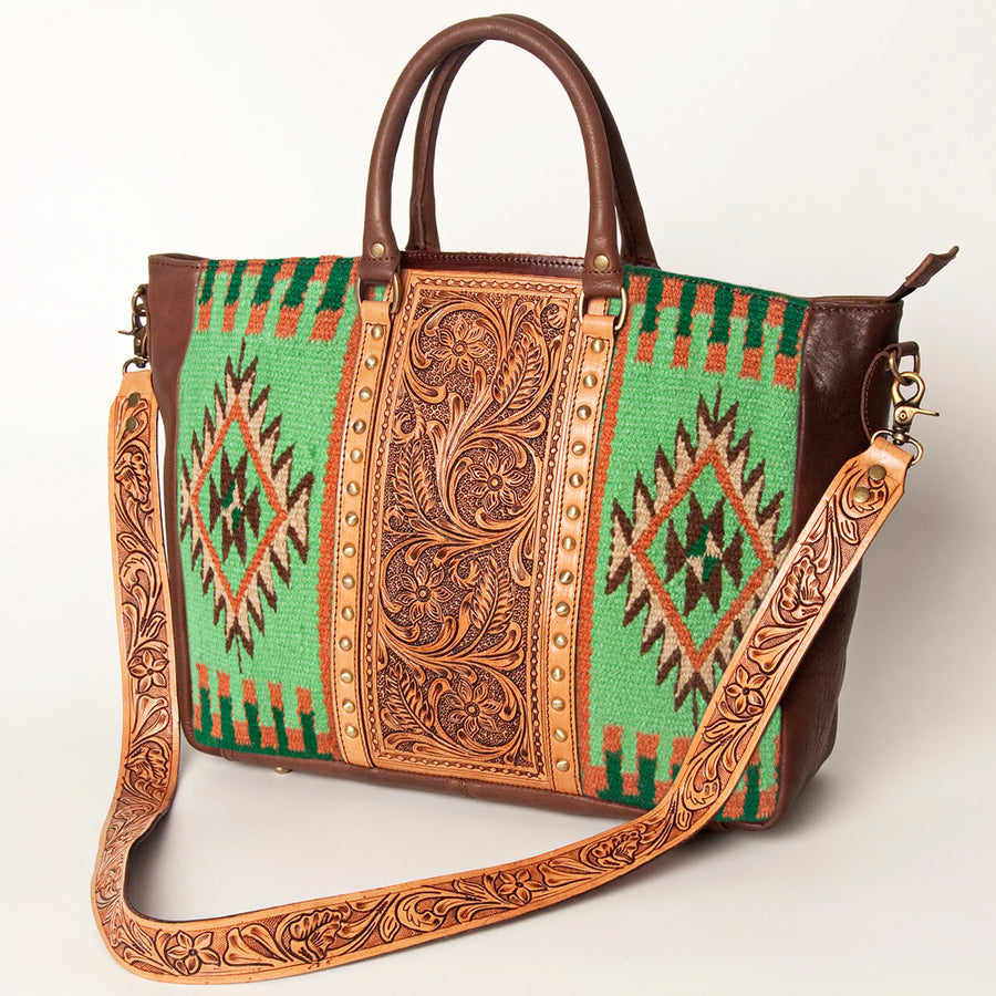 American Darling Hand Tooled Saddle Blanket Genuine Leather Tote Bag - Uhorse