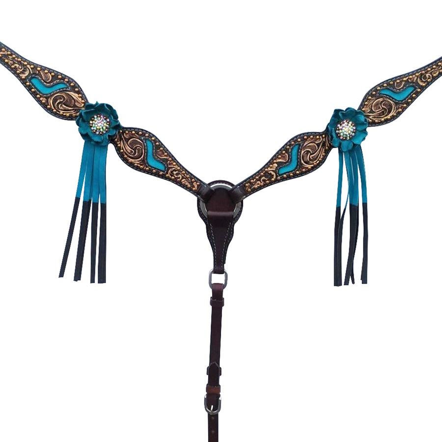 Turquoise and brown leather western breast collar with fringe - Uhorse