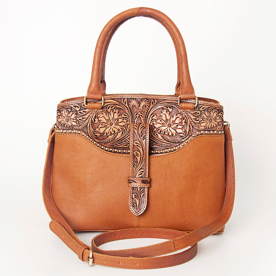 American Darling Tote Bag, Hand-Tooled Floral Western Leather Purse, Hair-On Cowhide Pattern, 9.25in (H) X 15.5in (W) X 5in (D)