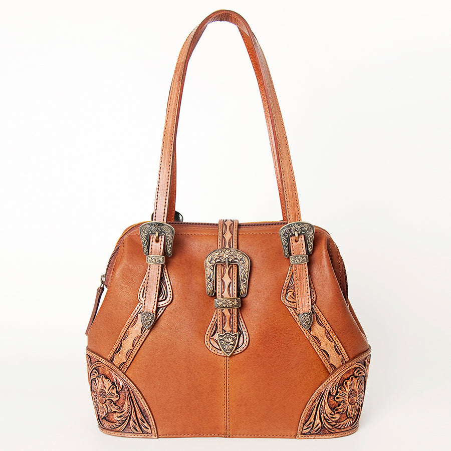 American Darling Tote Bag, Hand-Tooled Floral Western Leather Purse, Hair-On Cowhide Pattern, 10in (H) X 15in (W) X 5.5in (D)