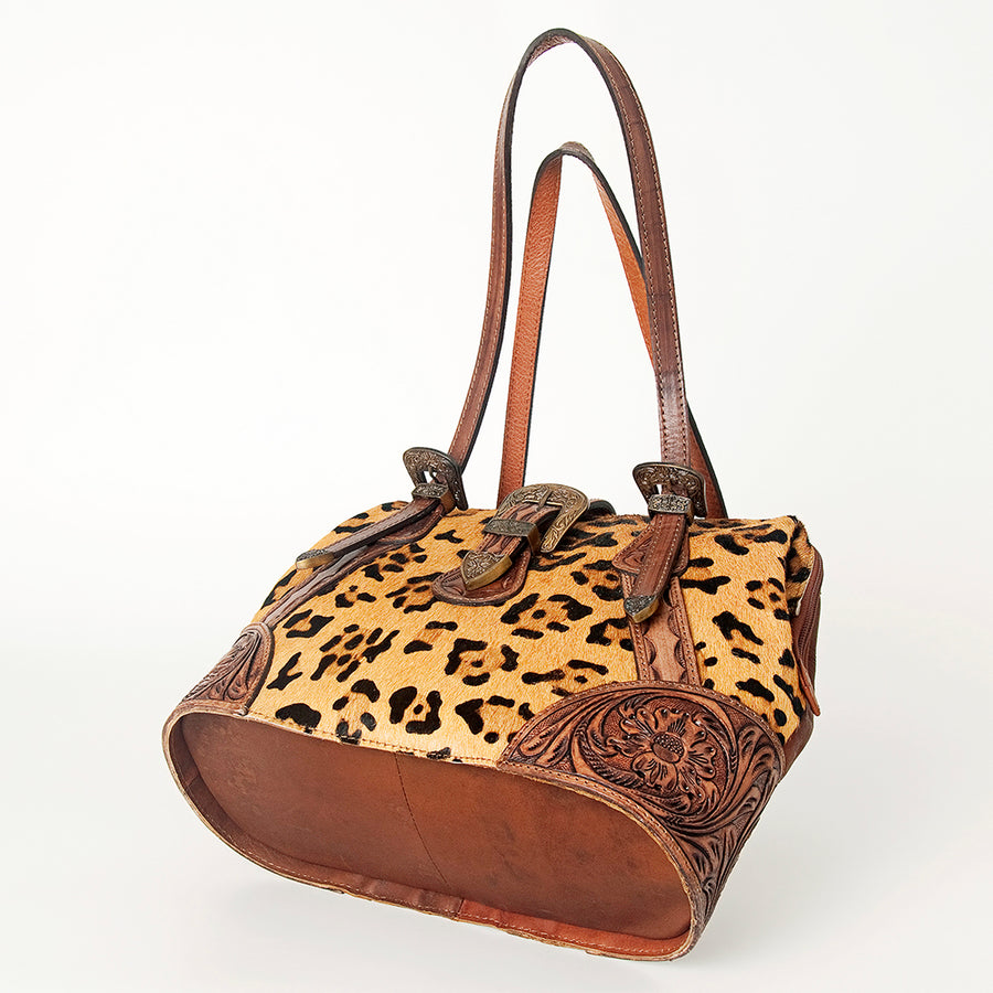 American Darling Tote Bag, Hand-Tooled Floral Western Leather Purse, Hair-On Cowhide Pattern, 10in (H) X 15in (W) X 5.5in (D)