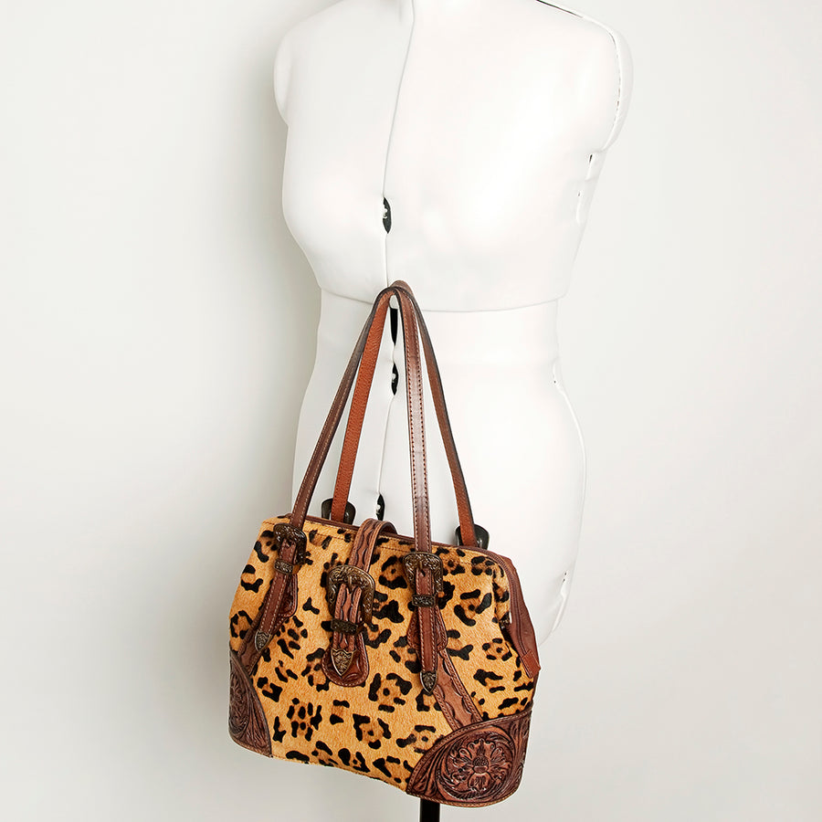 American Darling Tote Bag, Hand-Tooled Floral Western Leather Purse, Hair-On Cowhide Pattern, 10in (H) X 15in (W) X 5.5in (D)