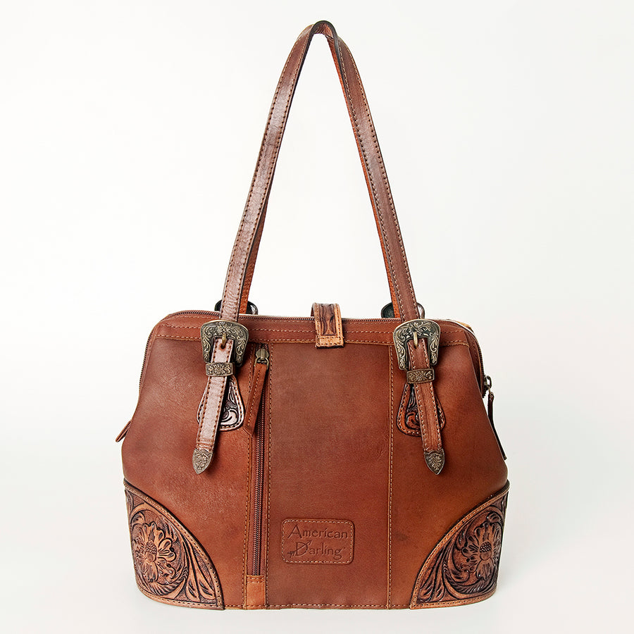 American Darling Tote Bag, Hand-Tooled Floral Western Leather Purse, Hair-On Cowhide Pattern, 10in (H) X 15in (W) X 5.5in (D)