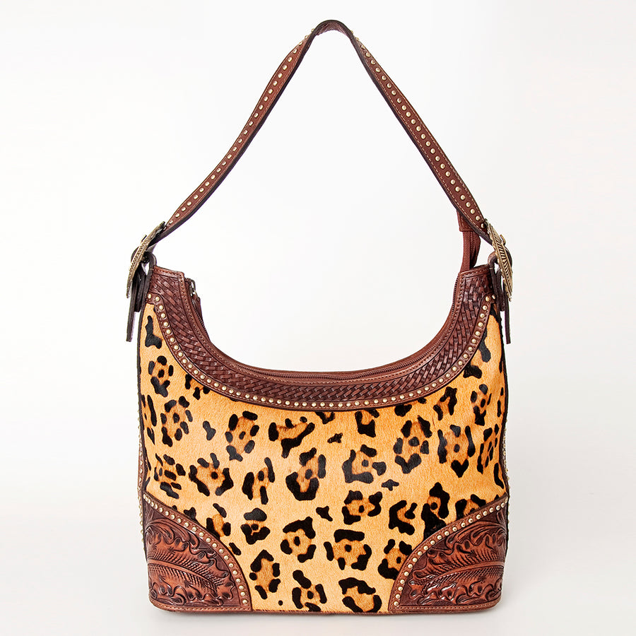 American Darling Hobo Bag, Hand-Tooled Floral Western Leather Purse with Hair-On Cowhide, 9in (H) X 15in (W) X 5in (D)