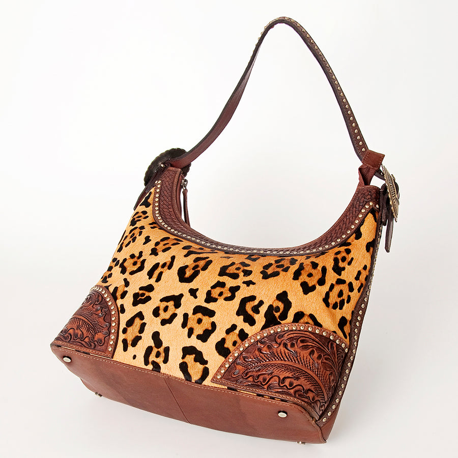 American Darling Hobo Bag, Hand-Tooled Floral Western Leather Purse with Hair-On Cowhide, 9in (H) X 15in (W) X 5in (D)