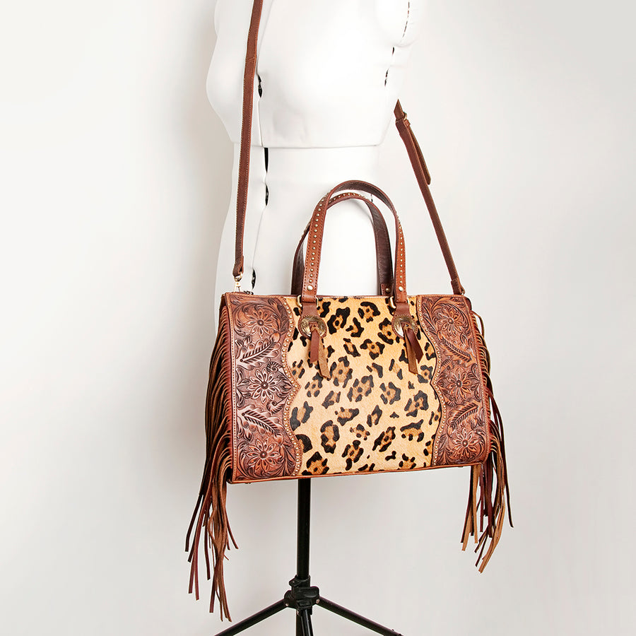 American Darling Western Hand-Tooled Floral Tote Bag with Cowhide and Fringes - Uhorse