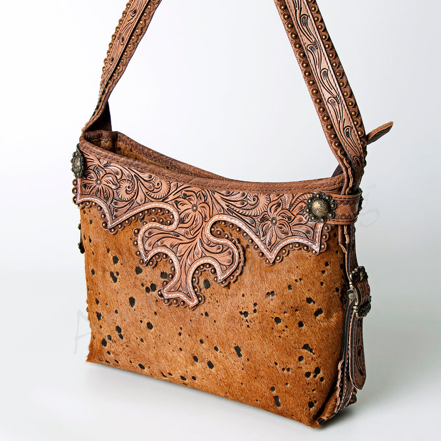 American Darling Handcrafted Hand Tooled Leather Hobo Bag with Hair-On Cowhide - Uhorse