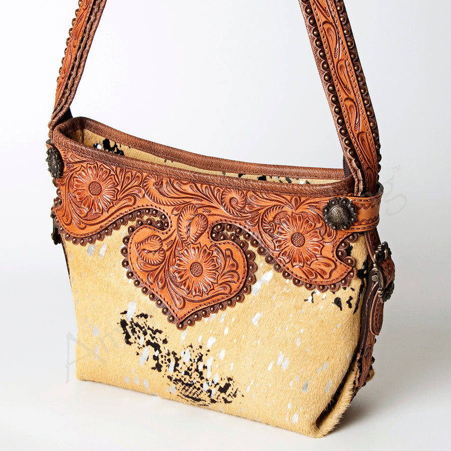 American Darling Handcrafted Hand Tooled Leather Hobo Bag with Hair-On Cowhide - Uhorse