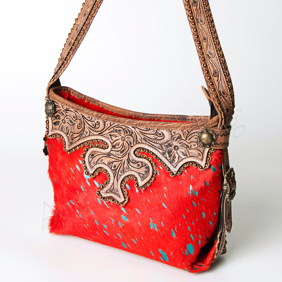 American Darling Handcrafted Hand Tooled Leather Hobo Bag with Hair-On Cowhide - Uhorse