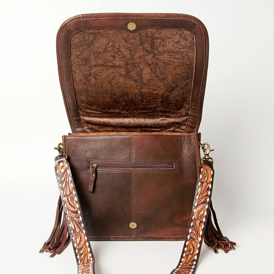 American Darling Hand Tooled Saddle Blanket Cross body Bag Eco-Friendly Genuine Leather Fringed Western Purse YKK Zipper