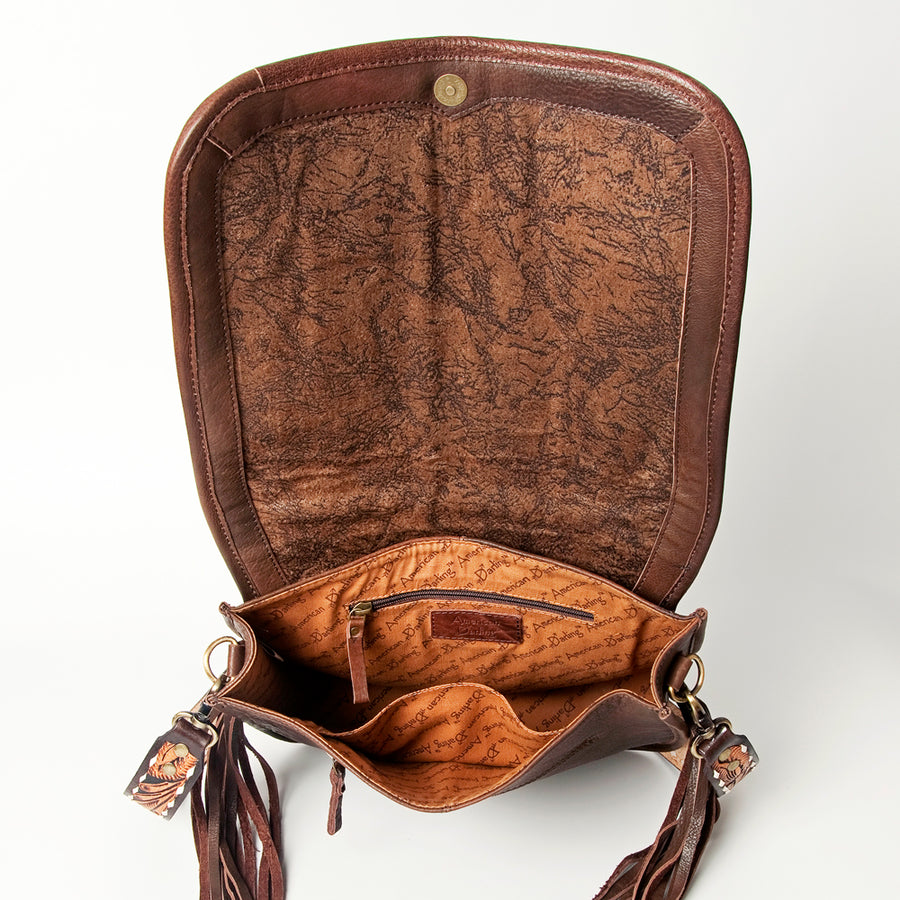 American Darling Hand Tooled Saddle Blanket Cross body Bag Eco-Friendly Genuine Leather Fringed Western Purse YKK Zipper