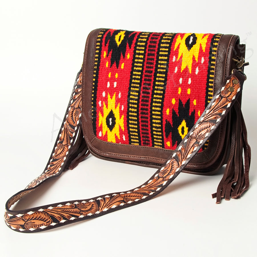 American Darling Hand Tooled Saddle Blanket Fringed Leather Cross body Bag - Uhorse