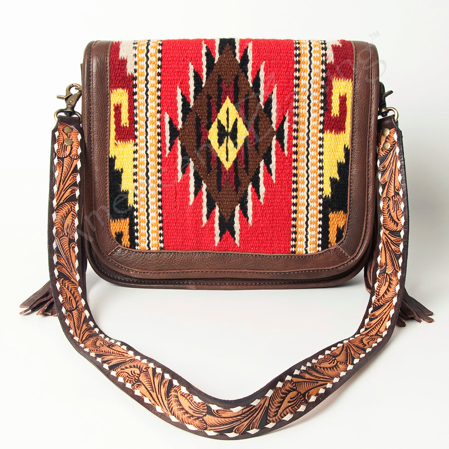 American Darling Hand Tooled Saddle Blanket Cross body Bag Eco-Friendly Genuine Leather Fringed Western Purse YKK Zipper