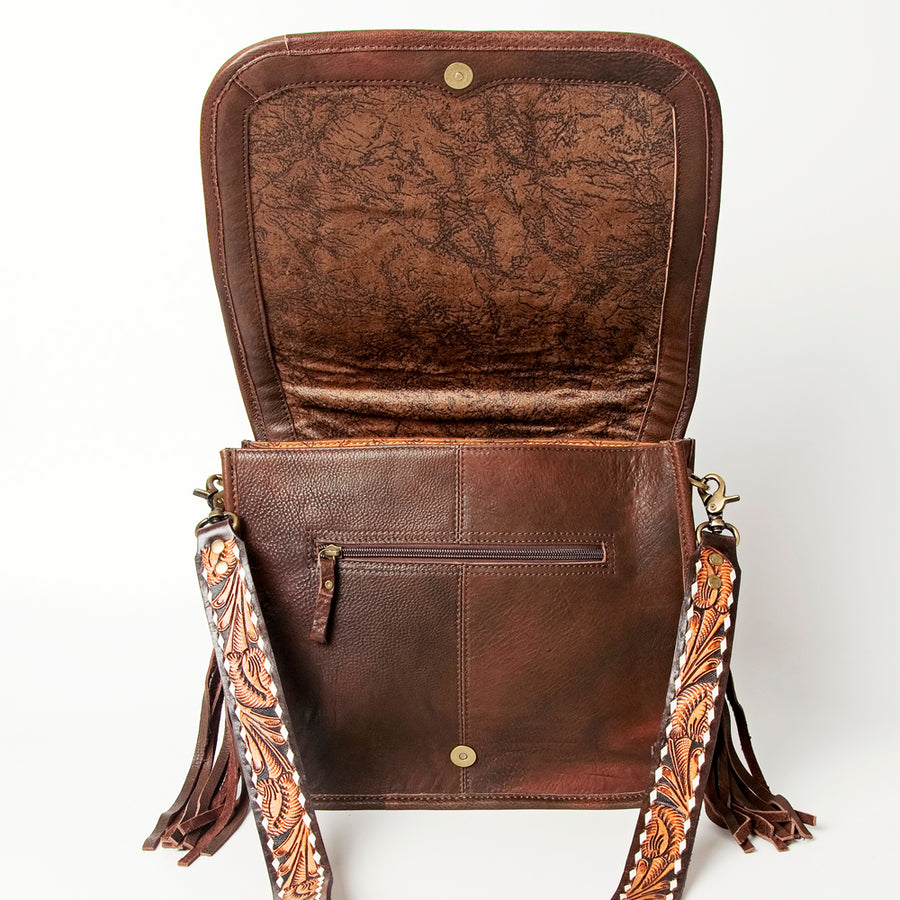 American Darling Hand Tooled Saddle Blanket Cross body Bag Eco-Friendly Genuine Leather Fringed Western Purse YKK Zipper