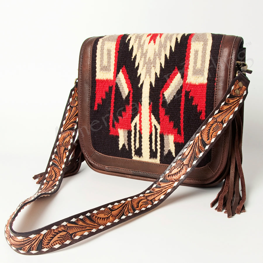 American Darling Hand Tooled Saddle Blanket Fringed Leather Cross body Bag - Uhorse