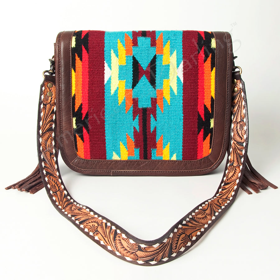 American Darling Hand Tooled Saddle Blanket Cross body Bag Eco-Friendly Genuine Leather Fringed Western Purse YKK Zipper
