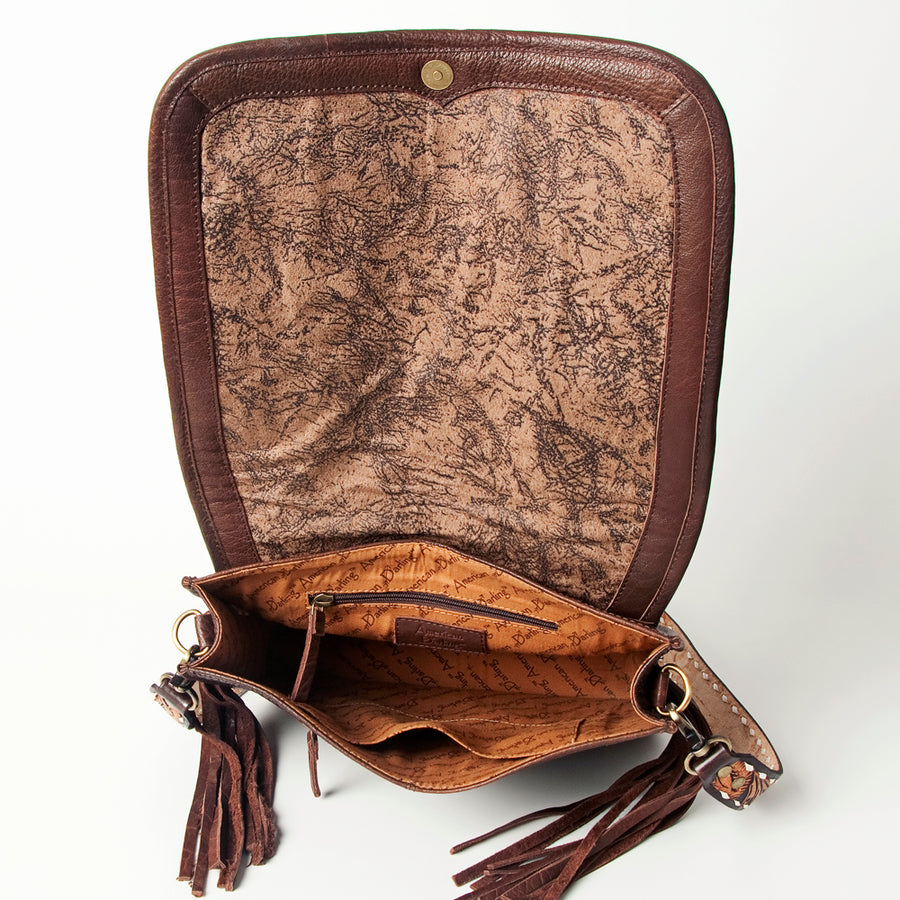 American Darling Hand Tooled Saddle Blanket Cross body Bag Eco-Friendly Genuine Leather Fringed Western Purse YKK Zipper
