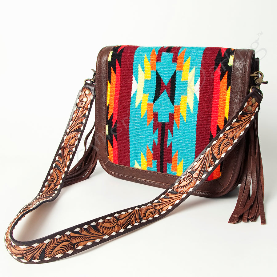 American Darling Hand Tooled Saddle Blanket Fringed Leather Cross body Bag - Uhorse