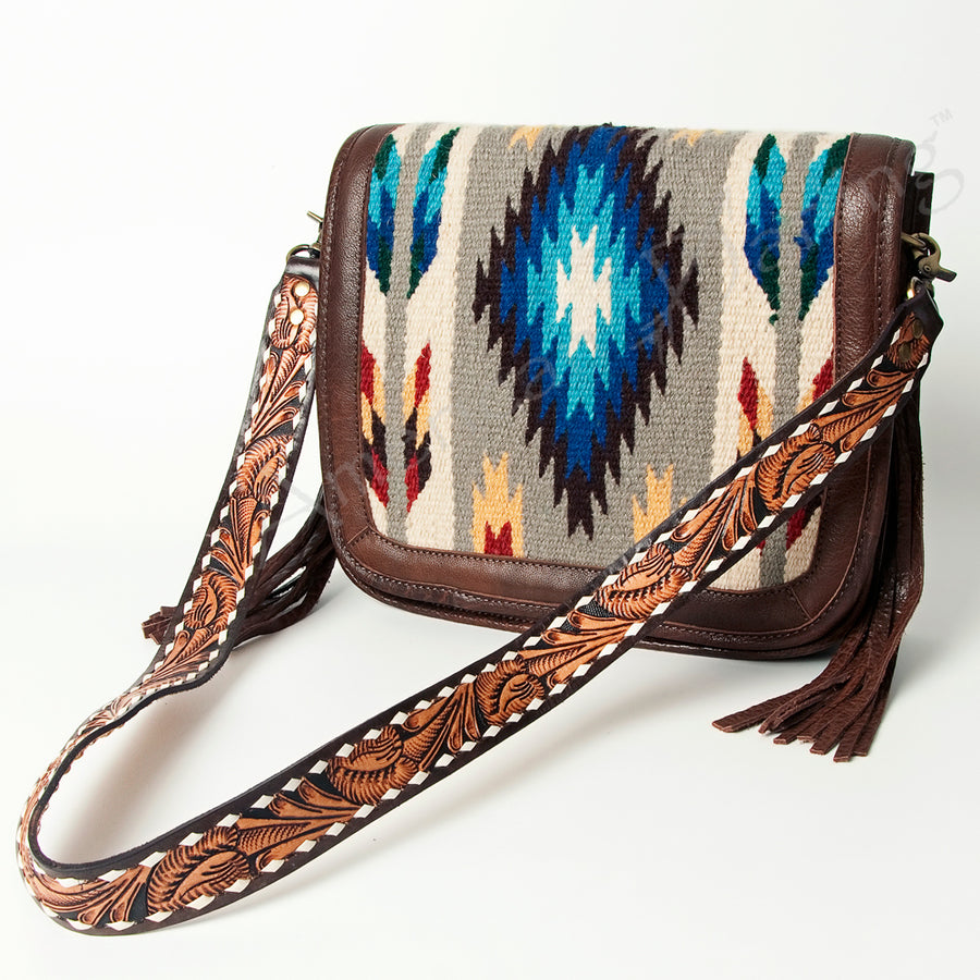 American Darling Hand Tooled Saddle Blanket Fringed Leather Cross body Bag - Uhorse