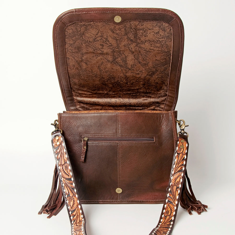 American Darling Hand Tooled Saddle Blanket Cross body Bag Eco-Friendly Genuine Leather Fringed Western Purse YKK Zipper