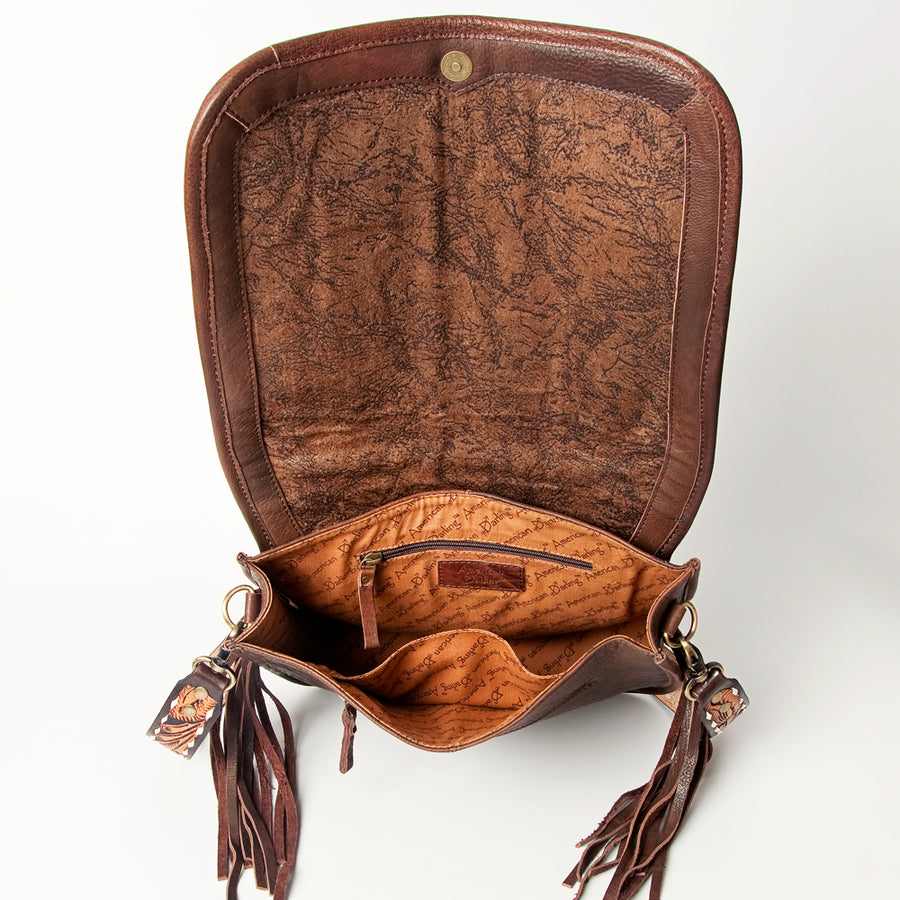American Darling Hand Tooled Saddle Blanket Cross body Bag Eco-Friendly Genuine Leather Fringed Western Purse YKK Zipper
