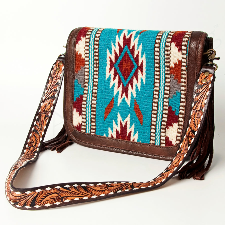 American Darling Hand Tooled Saddle Blanket Fringed Leather Cross body Bag - Uhorse
