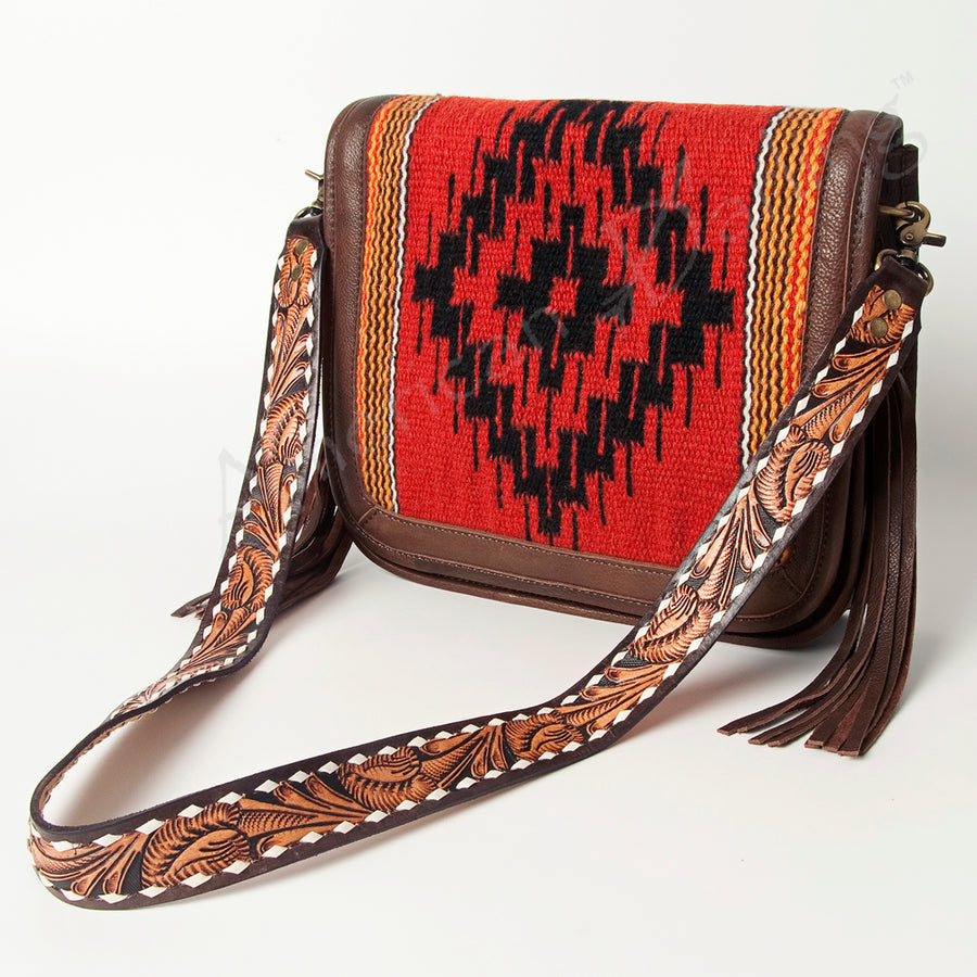 American Darling Hand Tooled Saddle Blanket Fringed Leather Cross body Bag - Uhorse