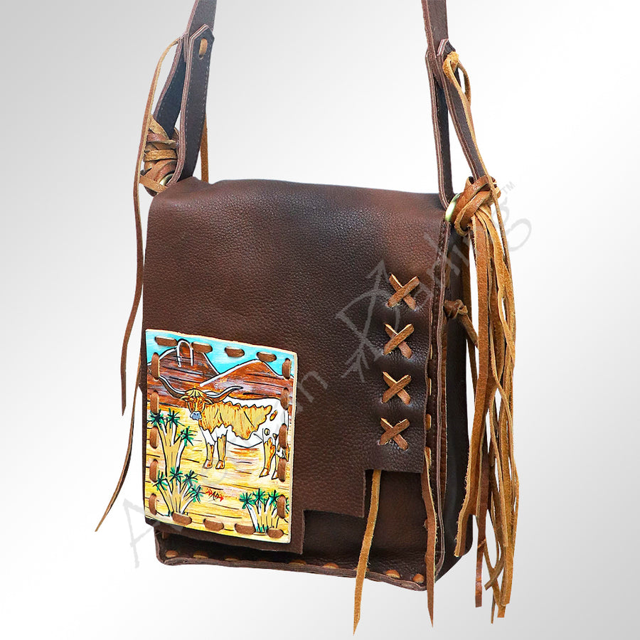 American Darling Cross body Bag, Hand-Painted Genuine Leather, Buck Stitched Western Bag with Fringes and YKK Zipper
