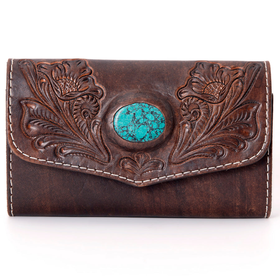 American Darling Western Leather Wallet Hand Tooled Floral Carved Turquoise Stone Genuine Vegetable Tanned Leather 4in x 8in