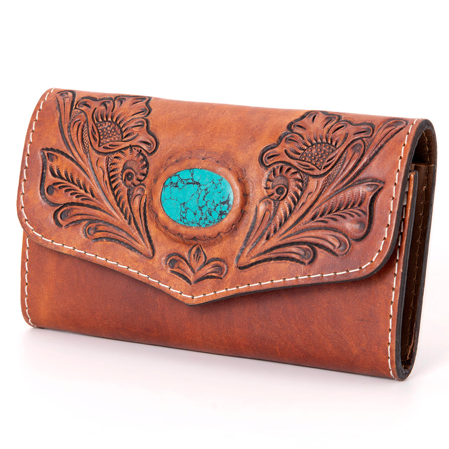 American Darling Hand Tooled Floral Leather Wallet with Turquoise Stone Inlay - Uhorse