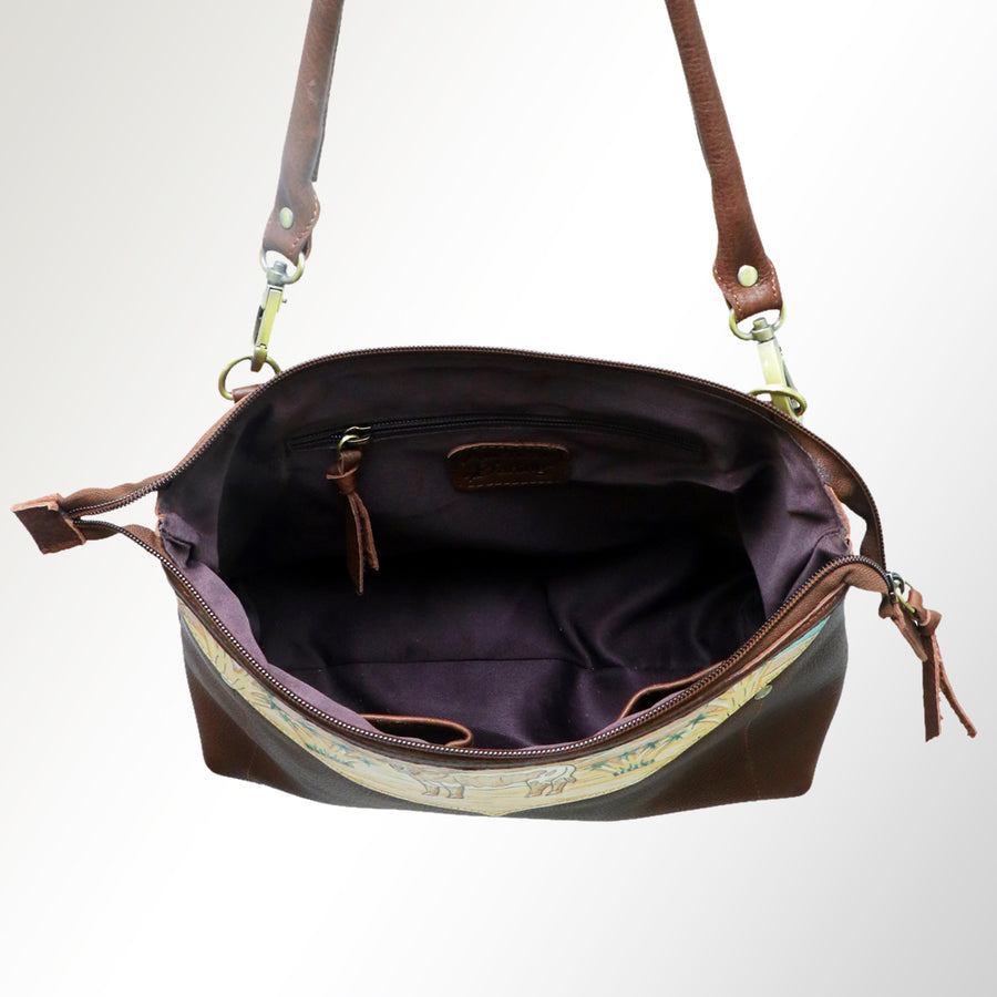 American Darling Cross body Bag, Hand Painted Western Scene, Vegetable Tanned Full Grain Leather, 9in (H) X 14in (W) X 4.5in (D)