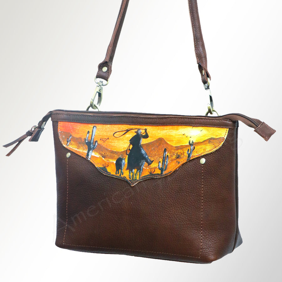 American Darling Cross body Bag, Hand Painted Western Scene, Vegetable Tanned Full Grain Leather, 9in (H) X 14in (W) X 4.5in (D)