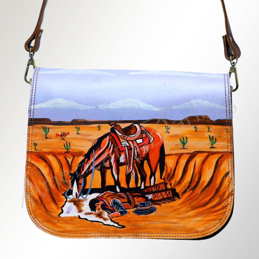 American Darling Messenger Bag, Hand Painted Farmhouse Scene, Vegetable Tanned Full Grain Leather, 8in X 3in X 12in