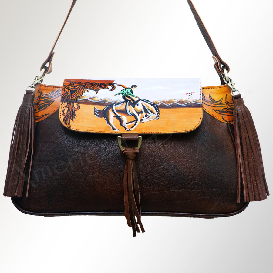 American Darling Cross body Bag, Hand Painted Western Scene, Genuine Vegetable Tanned Leather with Tassels, 8in X 3in X 12in