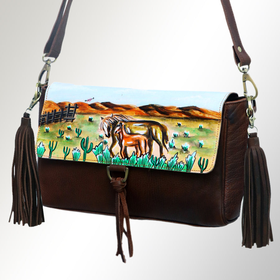 American Darling Hand Painted Western Leather Cross body Bag with Tassels - Handcrafted - Uhorse