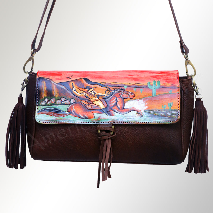 American Darling Cross body Bag, Hand Painted Artistic Horse Scene, Fringed Vegetable Tanned Leather, 14in X 2in X 12in