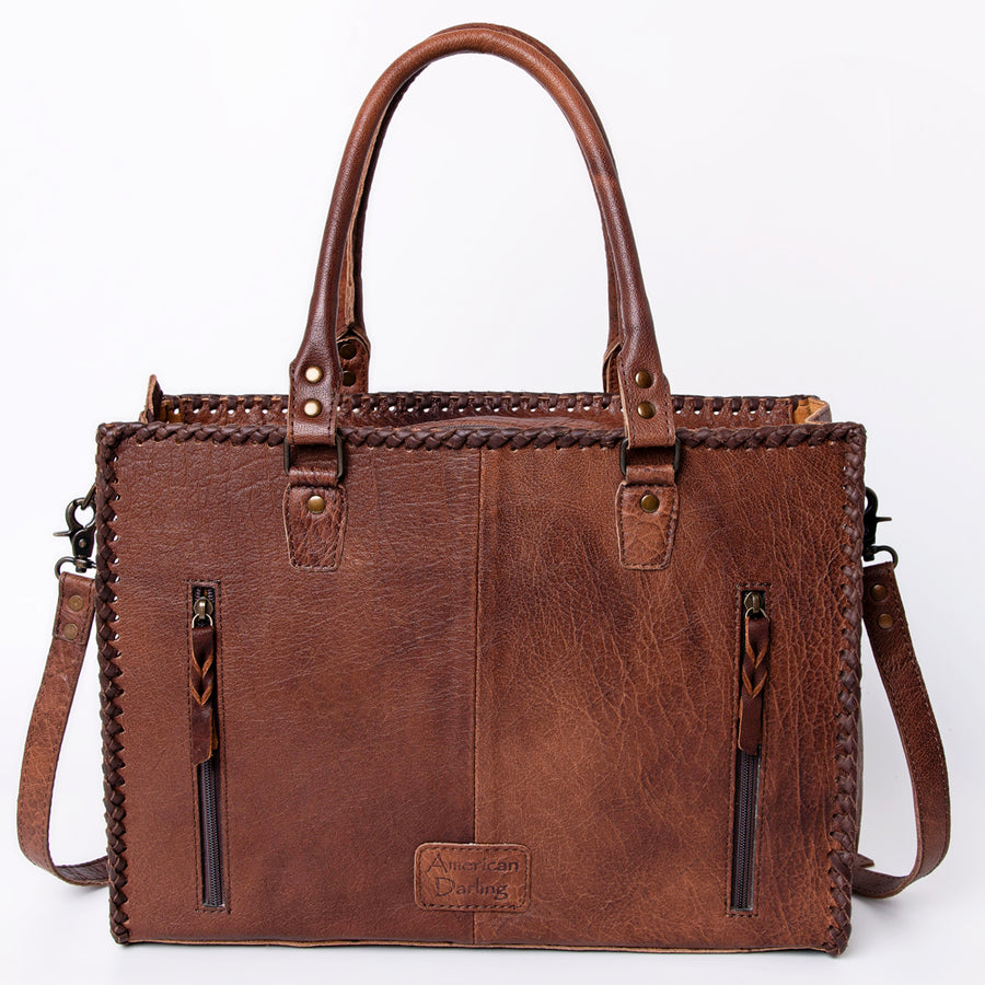 American Darling Tote Bag - Western Leather Hand Tooled Floral Carved Purse with Braided Detailing & Secure YKK Zipper