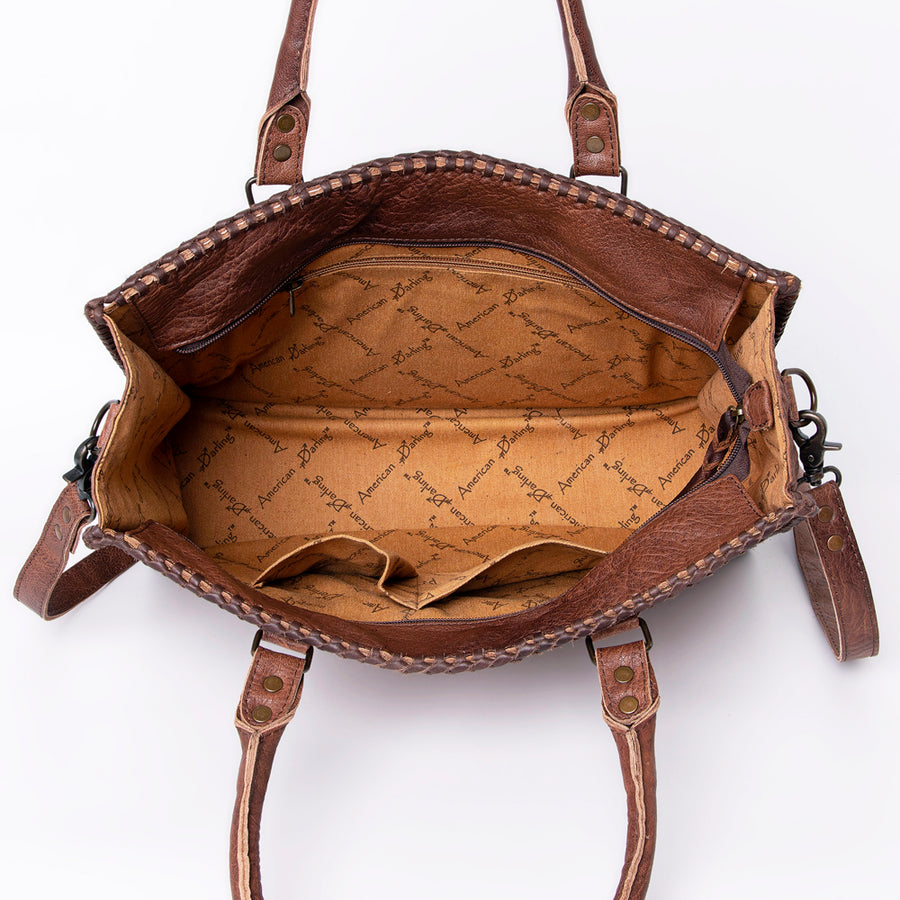 American Darling Tote Bag - Western Leather Hand Tooled Floral Carved Purse with Braided Detailing & Secure YKK Zipper