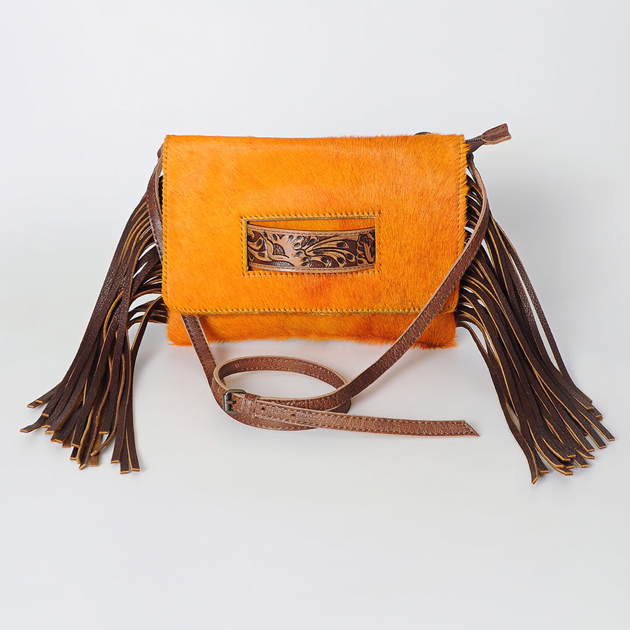 American Darling Small Cross body Bag, Hair-On Cowhide & Hand Tooled Floral Leather, Fringes, Vegetable Tanned Genuine Leather