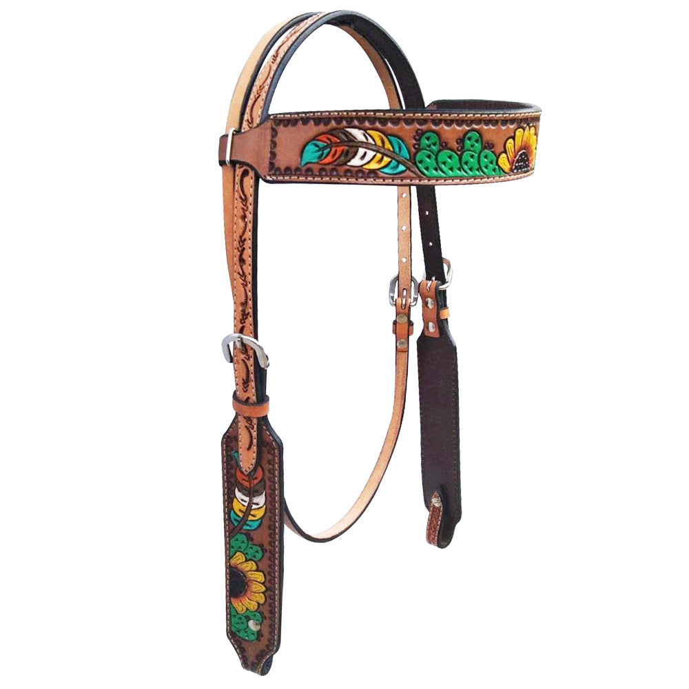 HILASON Western Horse Sunflower Cactus Headstall Breast Collar American Leather Tack Set