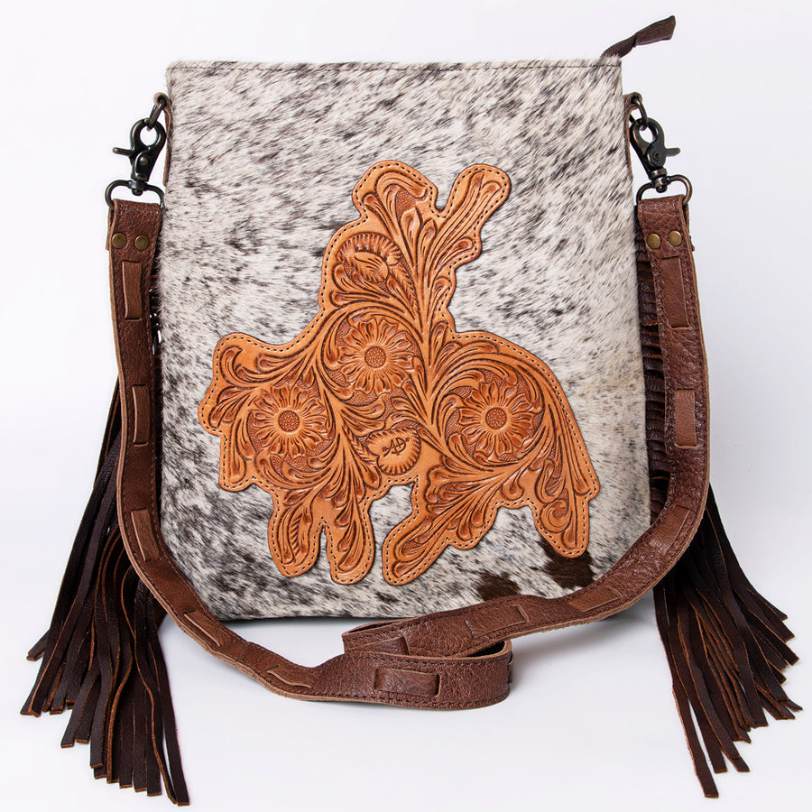 American Darling Large Cross body Bag, Hand Tooled Vegetable-Tanned Leather, Western Fringed Handcrafted Crossbody Purse