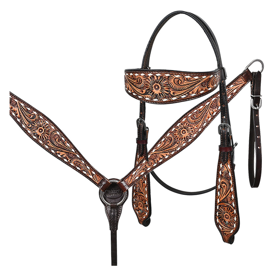 Hilason Western American Leather Horse Floral Headstall Breast Collar Tack Set - Uhorse