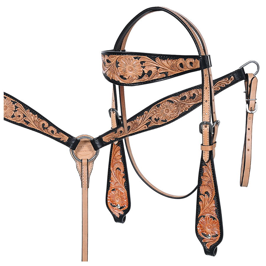 Tooled leather western headstall with black accents - Uhorse