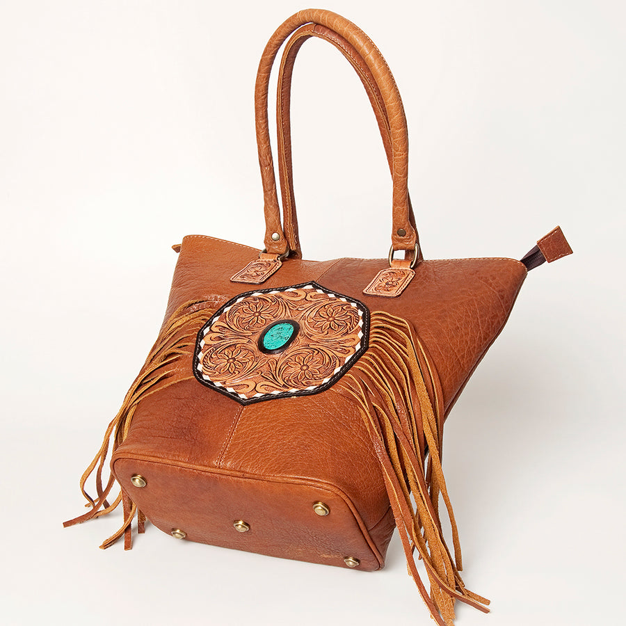 American Darling Hand Tooled Floral Fringed Genuine Leather Tote Bag Turquoise Concho Eco-Friendly Full Grain YKK Zipper