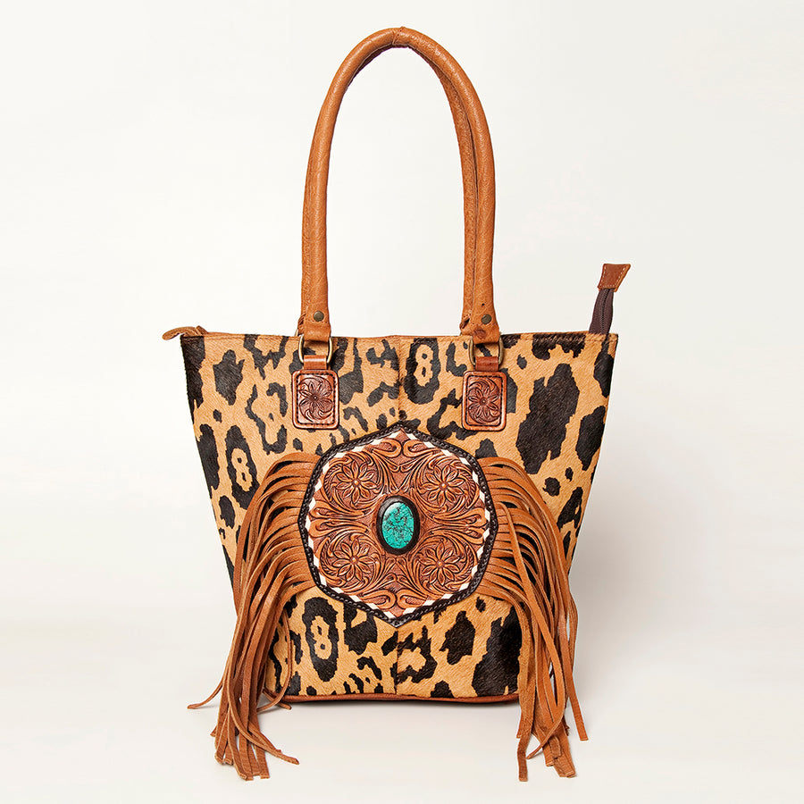 American Darling Hand Tooled Floral Fringed Genuine Leather Tote Bag Turquoise Concho Eco-Friendly Full Grain YKK Zipper
