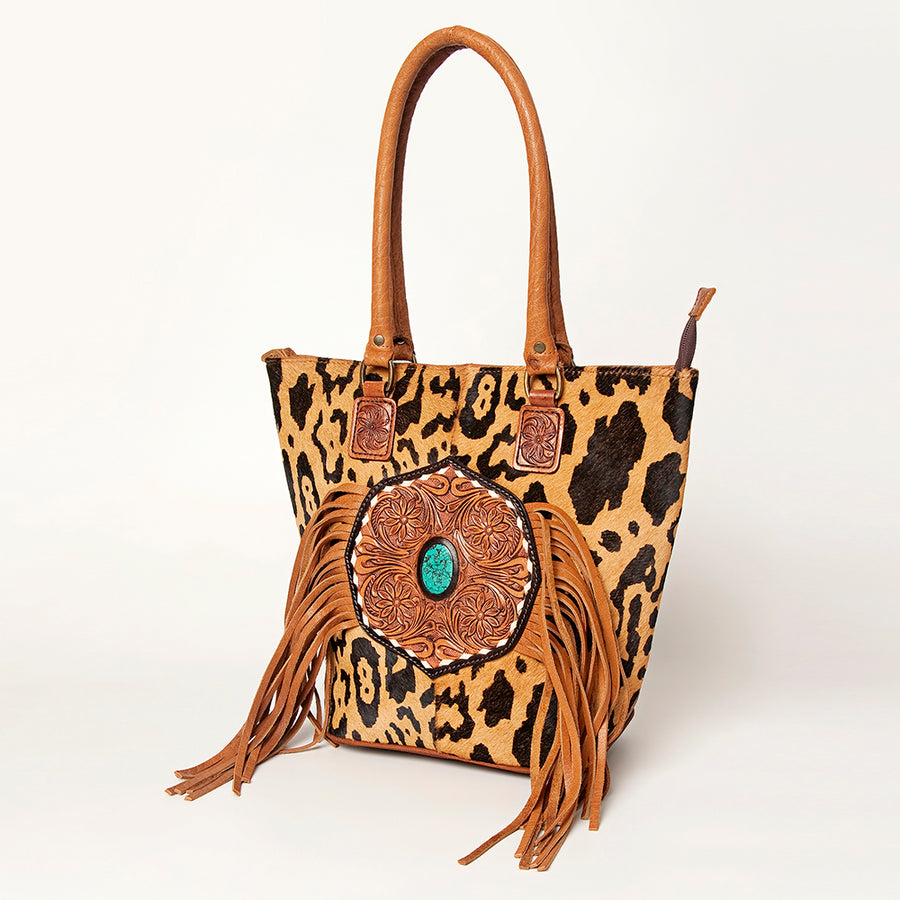 American Darling Hair-On Cowhide Fringed Leather Tote Bag with Turquoise Concho - Uhorse
