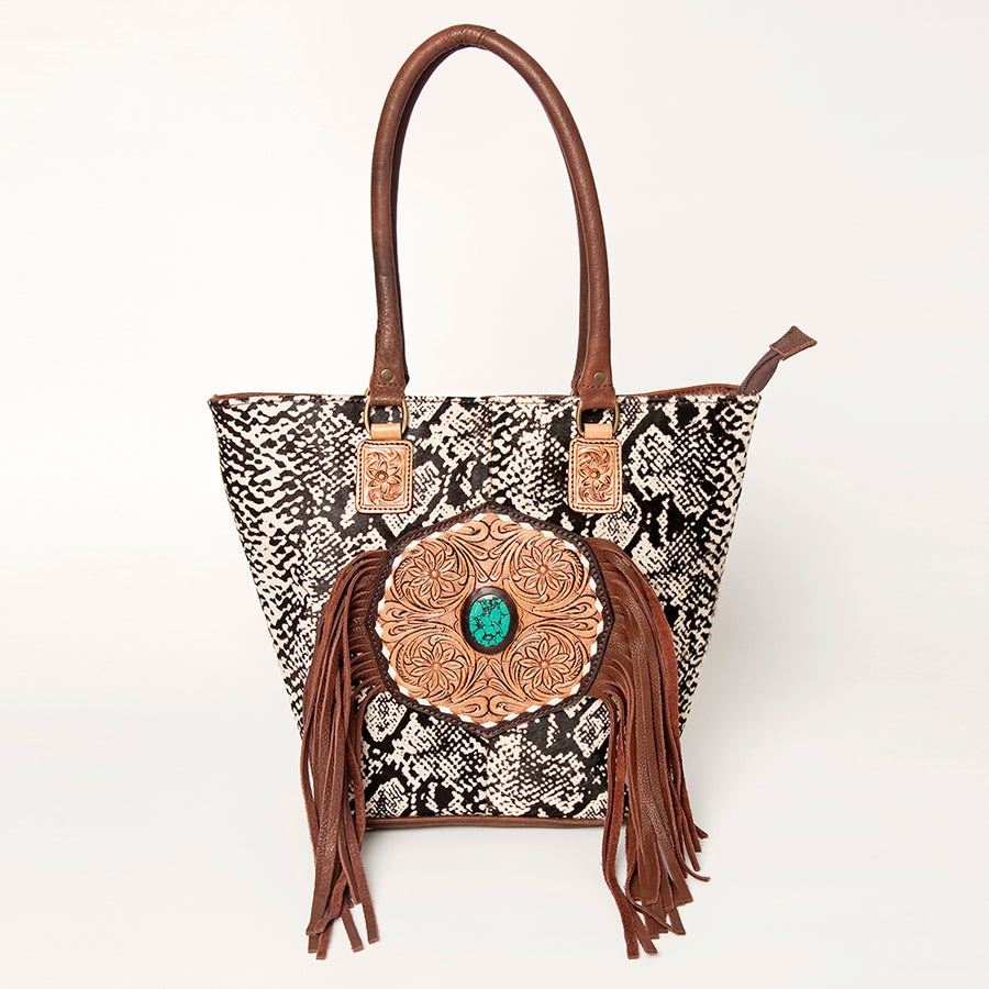 American Darling Hand Tooled Floral Fringed Genuine Leather Tote Bag Turquoise Concho Eco-Friendly Full Grain YKK Zipper