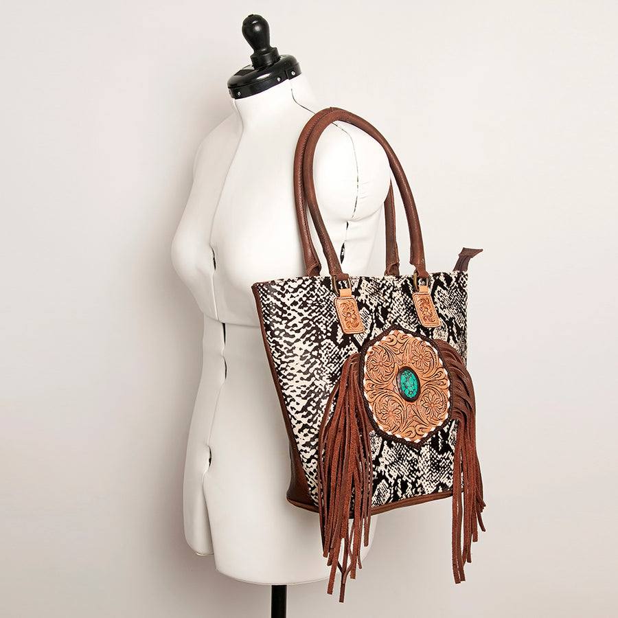 American Darling Hand Tooled Floral Fringed Genuine Leather Tote Bag Turquoise Concho Eco-Friendly Full Grain YKK Zipper